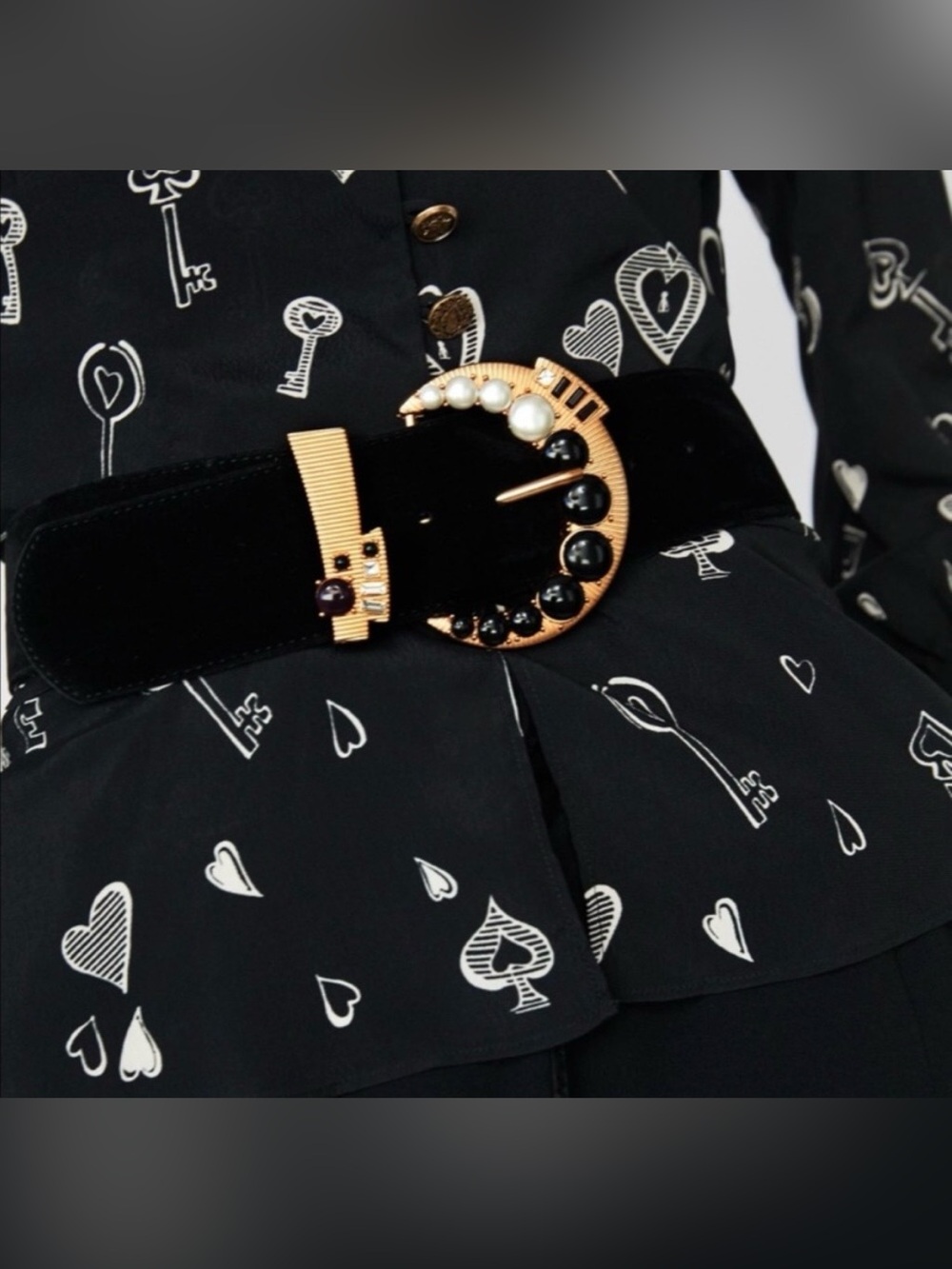 Zara black belt w/ gold bejeweled crescent buckle waist wide velvet pearls beads